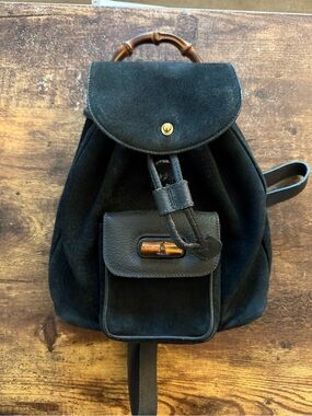 Gucci Vintage Black Bamboo Handle Suede Backpack
